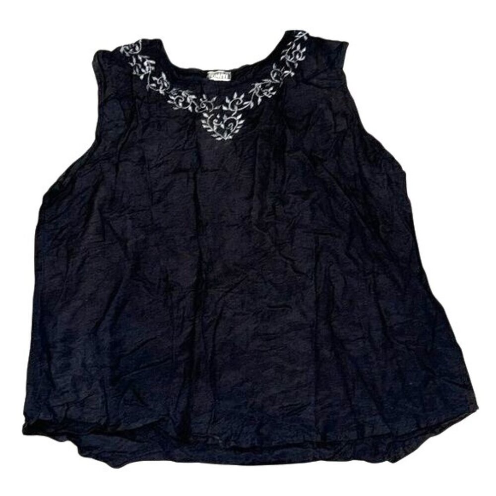 Uniti Casuals Black 3X Sleeveless Linen & Rayon Blouse With White Embroidered Ne